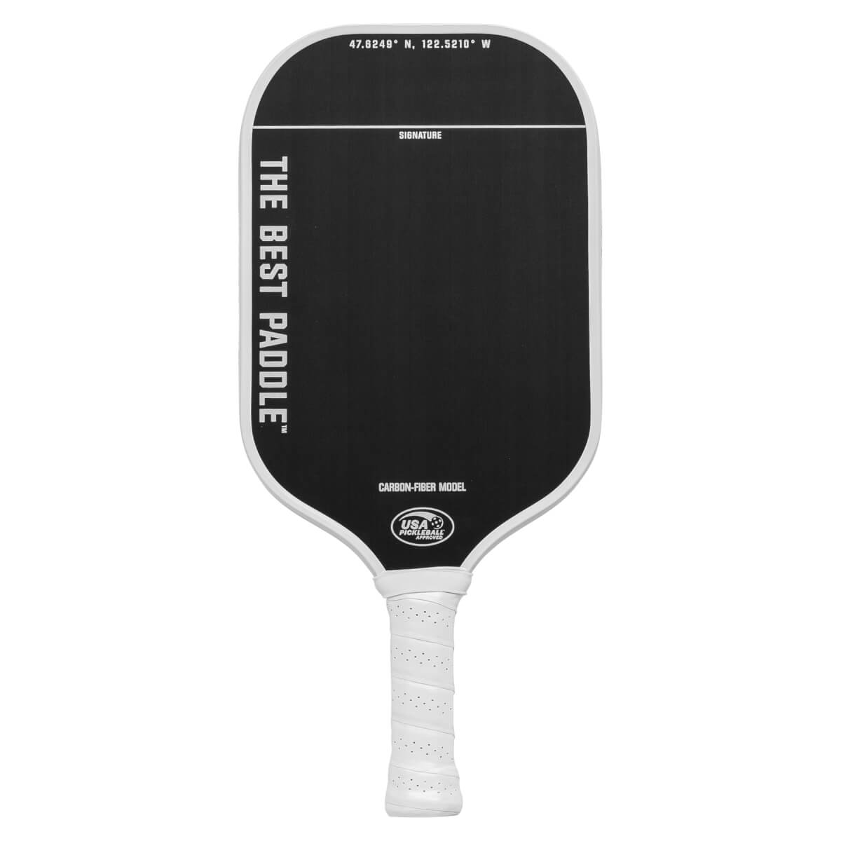 Front view of a black pickleball paddle with white grip, THE BEST PADDLE text, and USA Pickleball logo.
