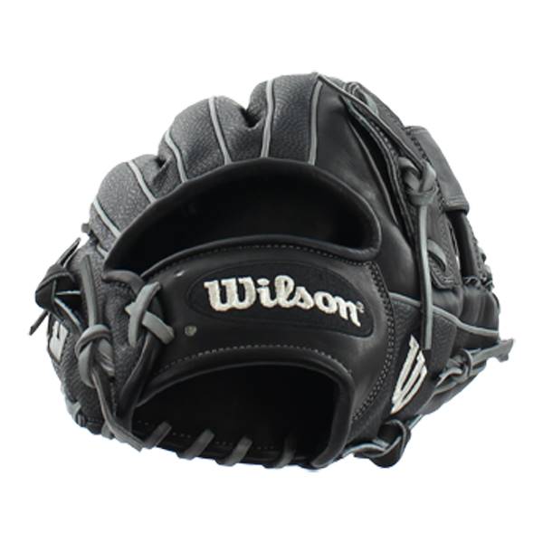 Front view of a black Wilson baseball glove with white stitching and a white Wilson logo.