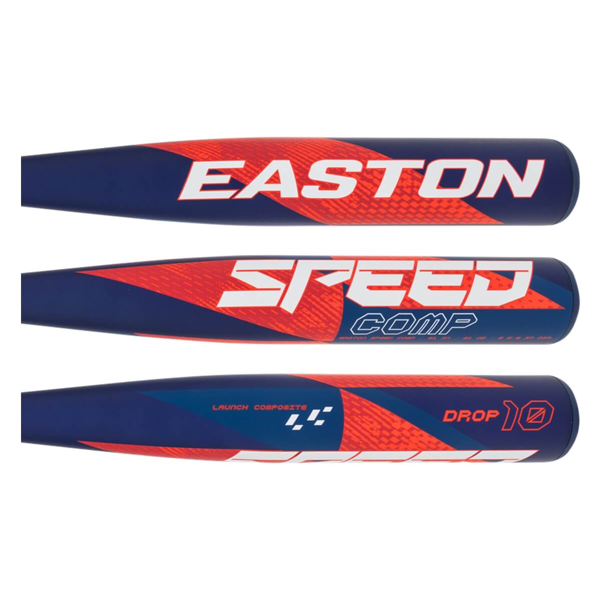 Side view of a blue baseball bat with red graphics, white EASTON and SPEED COMP text, and DROP 10 marking.