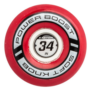 Top-down view of a red softball bat knob with POWER BOOST SOFT KNOB text and EASTON 34 IN branding.