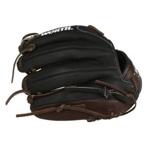 Side view of a black and brown baseball glove with white stitching and WORTH text.
