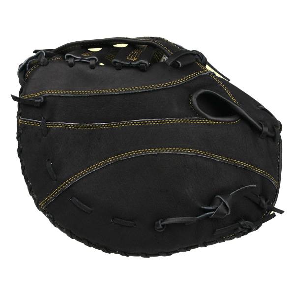 Top-down view of a black first base mitt with yellow stitching and a deep pocket.