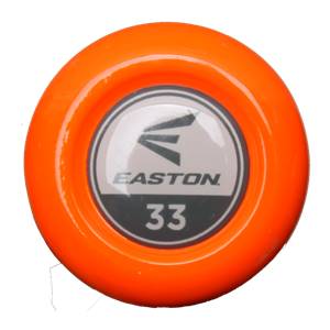 Top-down view of an orange baseball bat with an Easton logo and the number 33.
