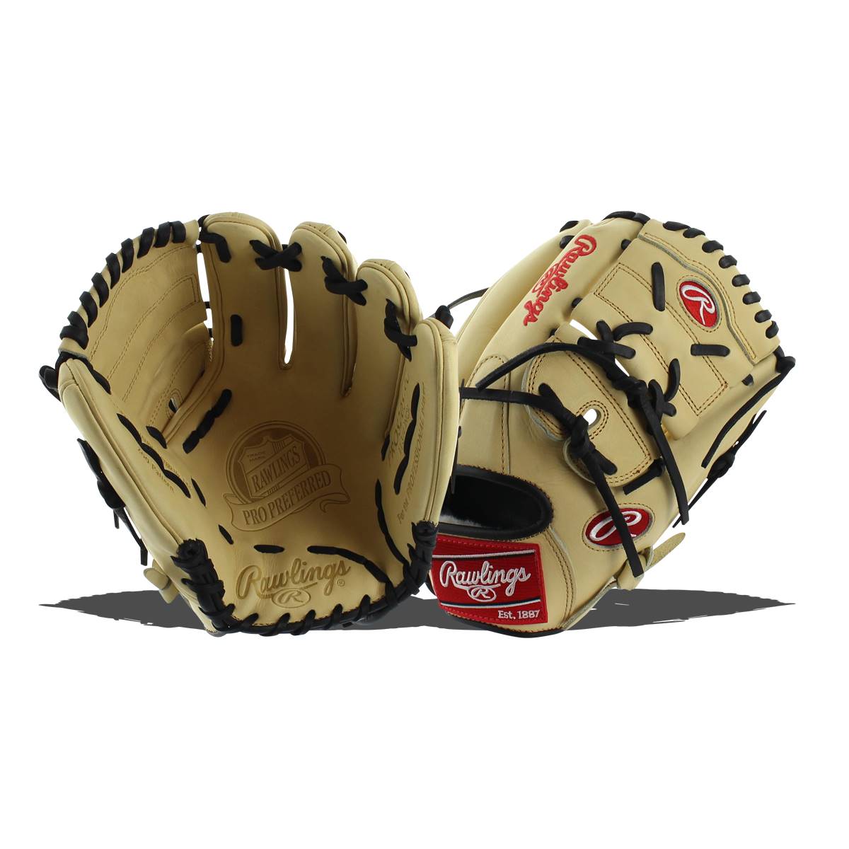 Front view of a tan baseball glove with black lacing and Rawlings branding.