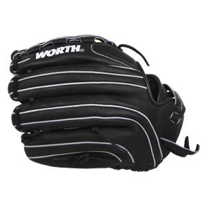 Side view of a black baseball glove with white stitching and WORTH logo.