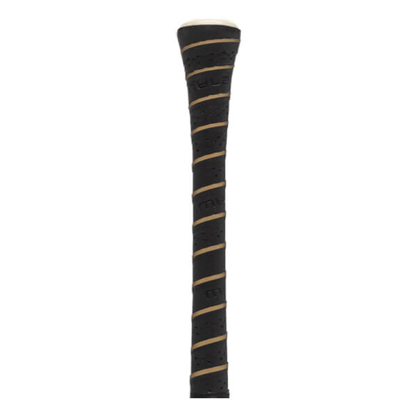 Close-up of a black perforated baseball bat grip with tan spiral wrapping, a white end cap, and embossed TRUE text.