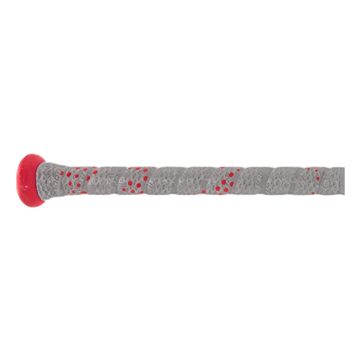 Side view of a red and gray baseball bat with a textured grip and red circular accents.