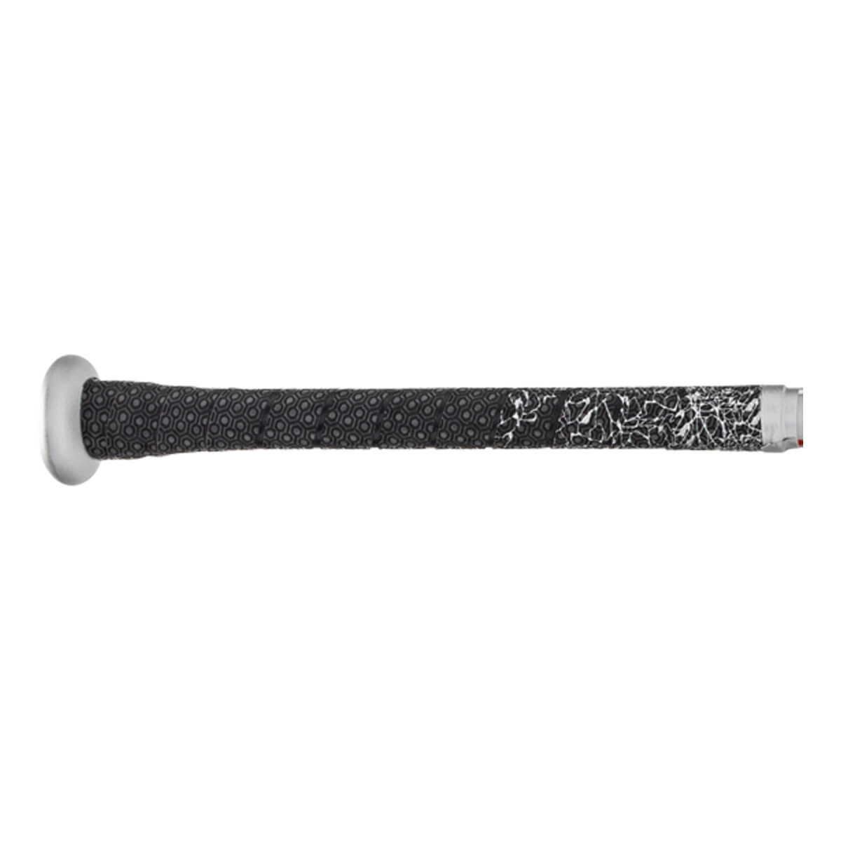 Side view of a black baseball bat with a patterned grip and silver end cap.