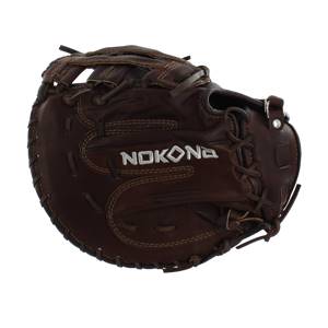 Front view of a brown Nokona first base mitt with white Nokona branding and detailed lacing.