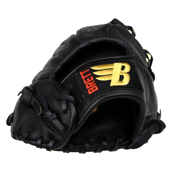 Side view of a black baseball glove with red BRETT text and a yellow B logo.