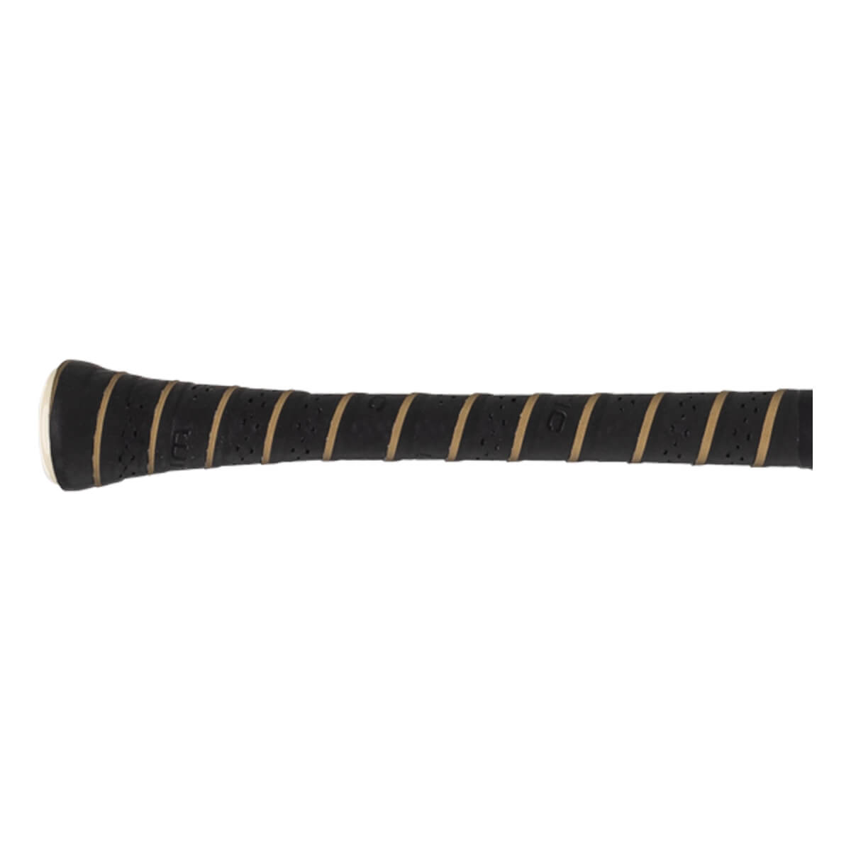 Close-up of a black baseball bat grip with tan diagonal stripes, a perforated texture, and the Warstic logo.