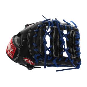Side view of a black Rawlings first base mitt with blue lacing and white stitching.