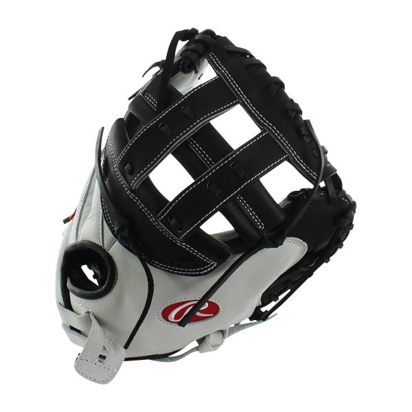 Corner view of a white and black catchers mitt with white stitching and a red Rawlings logo.