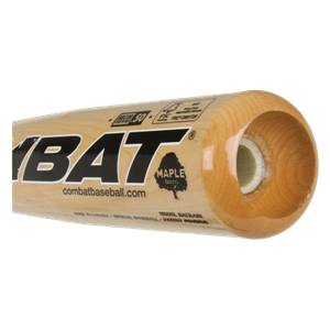 Close-up of a wooden baseball bat with BAT logo, MAPLE text, and combatbaseball.com website.