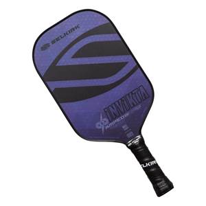 Top-down view of a purple and black pickleball paddle with INV IKTA and AMPED text.