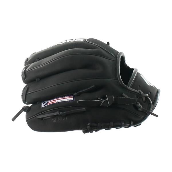 Side view of a black baseball glove with MADE IN AMERICA label and 12 INCH text.
