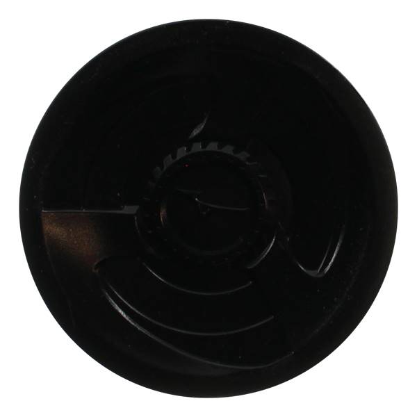 Top-down view of a black baseball bat end cap with circular ridges and a central logo.