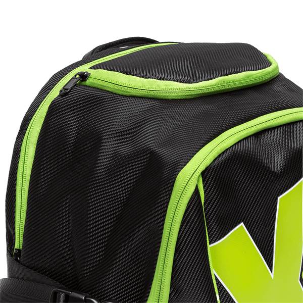 Close-up of a black pickleball backpack with lime green trim and a large white X graphic.