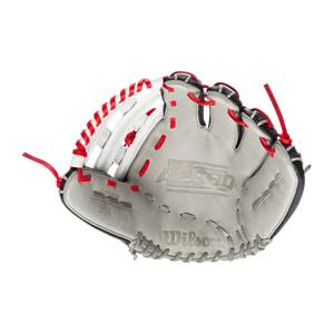Top-down view of a gray Wilson A2000 softball glove with red lacing and A2000 embossed detail.