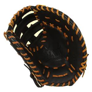 Top-down view of a black first base mitt with tan lacing and a debossed M logo.