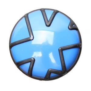 Top-down view of a blue baseball bat end cap with black geometric accents.
