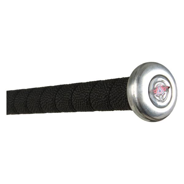 Side view of a black baseball bat with a textured grip and silver end cap with a red and blue logo.