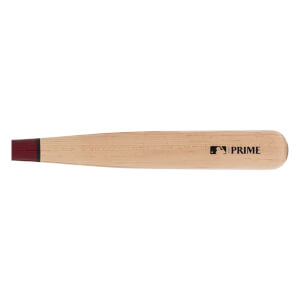 Side view of a natural maple wood baseball bat with a dark red handle knob and MLB PRIME logo.