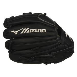 Side view of a black baseball glove with white Mizuno branding and stitching.