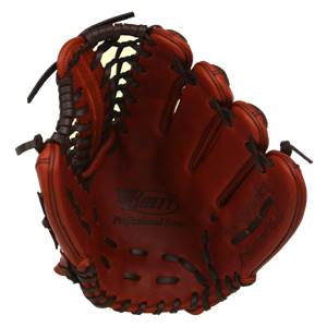 Front view of a red baseball glove with black lacing and Brett Professional Series text.