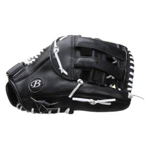 Side view of a black baseball glove with white lacing and a B logo.
