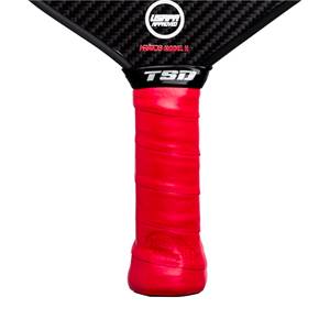 Close-up of a red grip on a black pickleball paddle with USAPA Approved and TSD branding.