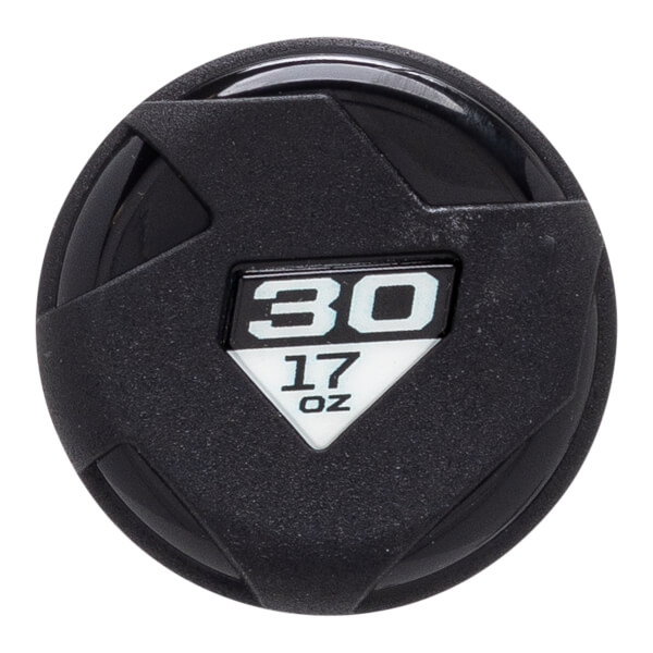 Top-down close-up of a black softball bat end cap with white 30 and 17 OZ numbers and a geometric molded design.