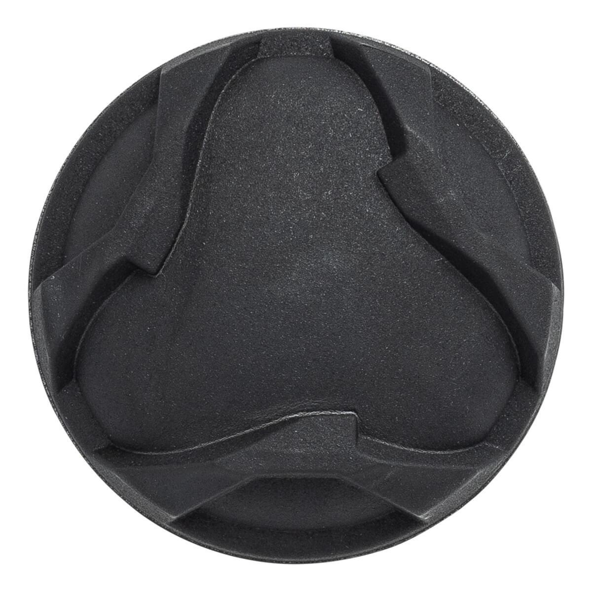 Top-down view of a black baseball bat end cap with a textured, three-pronged design.