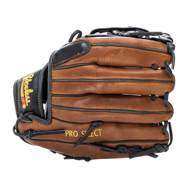 Side view of a brown baseball glove with Shoeless Joe and PRO SELECT branding.
