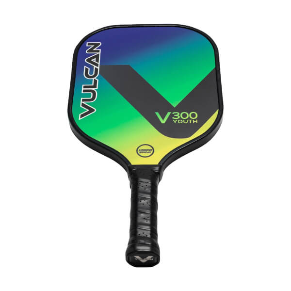 Front view of a multicolor pickleball paddle with VULCAN and V300 YOUTH branding.