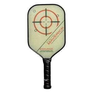 Front view of a cream pickleball paddle with a target design, MAVERICK text, and black grip.