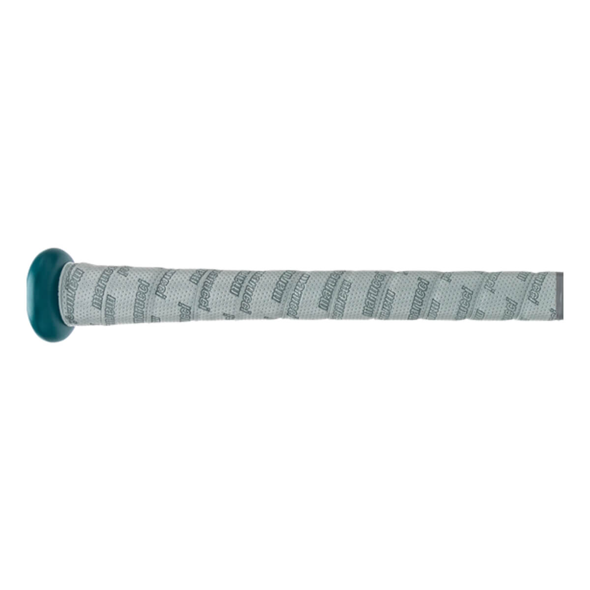 Side view of a teal baseball bat with a white grip featuring repeating Marucci text.