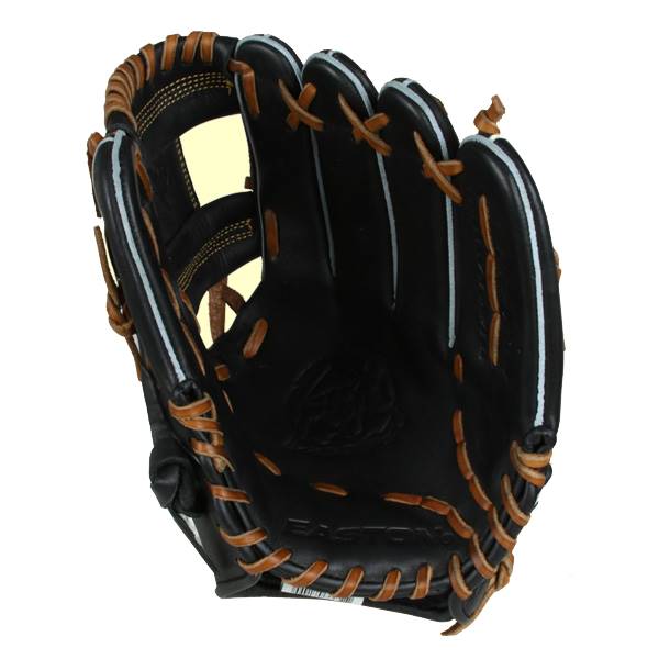 Inside view of a black baseball glove with tan lacing and white piping.