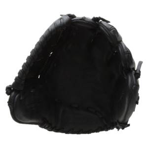 Top-down view of a black baseball glove with a deep pocket and stitched finger stalls.