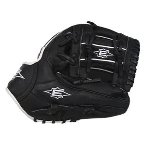 Front view of a black baseball glove with white stitching and Easton E logos.