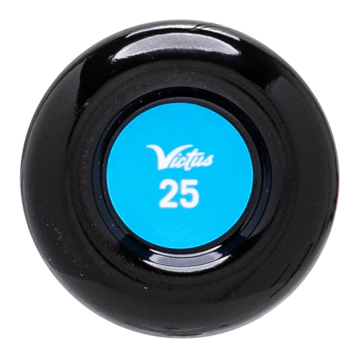 Top-down view of a black baseball bat end cap with a blue circle featuring Victus and 25.