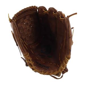 Top-down view of a brown leather baseball glove with a woven pocket and NOKONA branding.