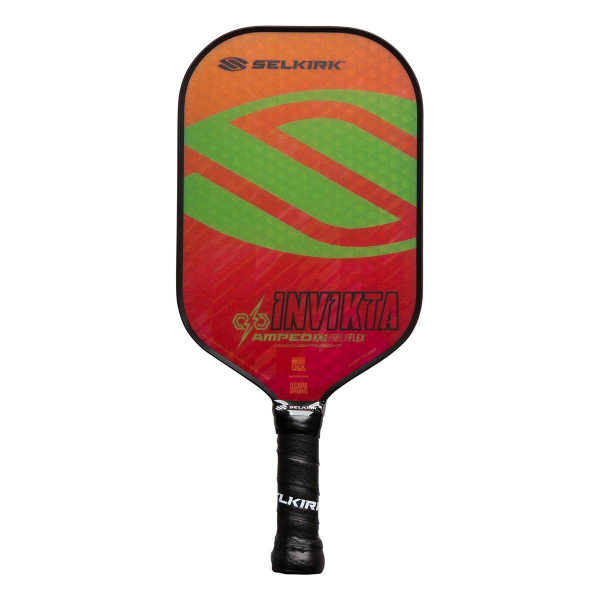 Front view of a red and orange pickleball paddle with a green S design, INVIKTA text, and black grip.