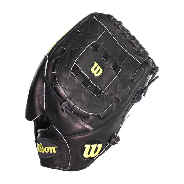 Top-down view of a black baseball glove with yellow Wilson branding and white stitching.