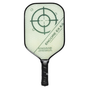 Front view of a white pickleball paddle with a green target design and ENCORE EX 6.0 text.
