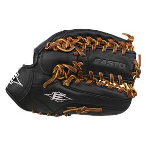 Side view of a black baseball glove with brown lacing and Easton branding.