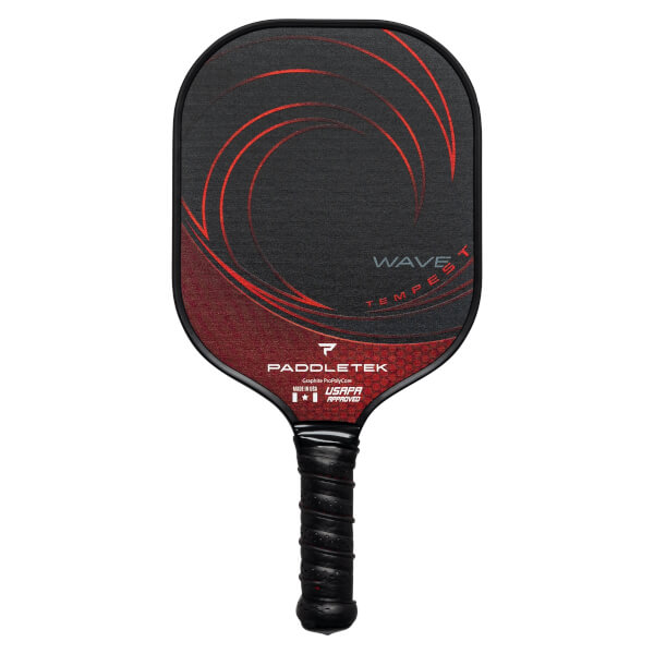 Front view of a black pickleball paddle with red wave design, WAVE TEMPEST text, and PADDLETEK logo.