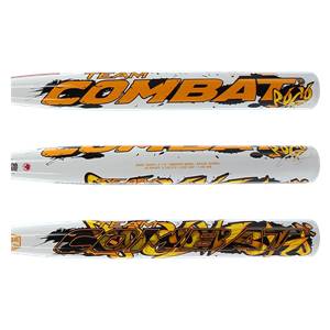 Side view of a white softball bat with orange TEAM COMBAT lettering and yellow splatter graphics.