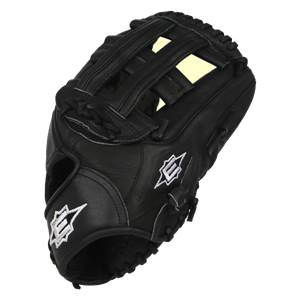 Corner view of a black baseball glove with white Easton logos and a webbed palm.