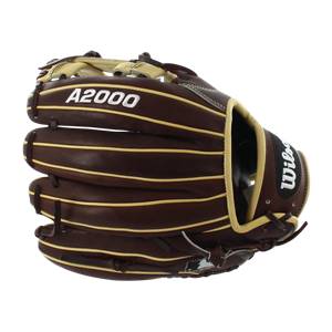 Side view of a brown baseball glove with A2000 and Wilson branding and gold lacing.